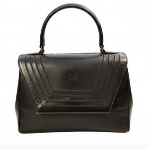 RARE VINTAGE FENDI ROMA 1970s/80s Black Leather Structured Top-Handle Box Bag